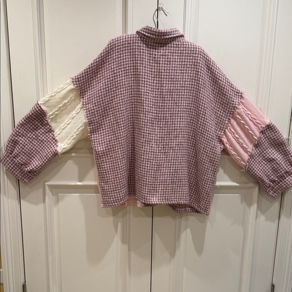 POL Cozy Dusty Pink & Cream Colorblock Cable & Houndstooth  Shacket-Sz L-NWOT - Picture 4 of 8